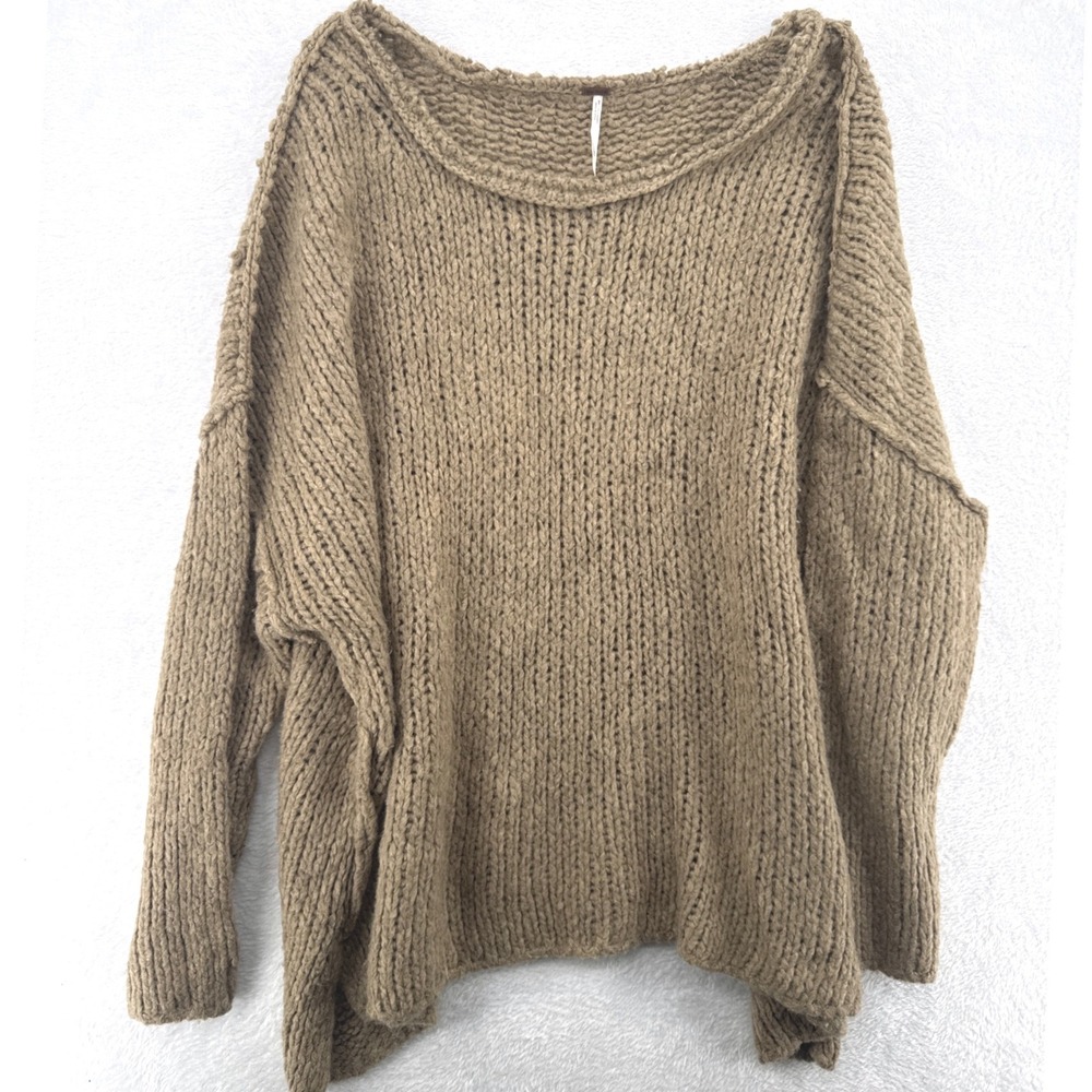 Free People Sweater Oversized LG Tan Brown Wool Angora Rabbit Hair Chunky Knit